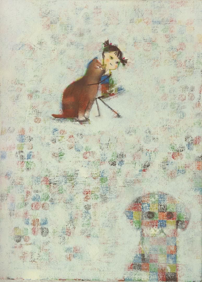 油絵 菅家令子 絵 絵画インテリア F4-072419 可愛い子猫と子犬と女の子
