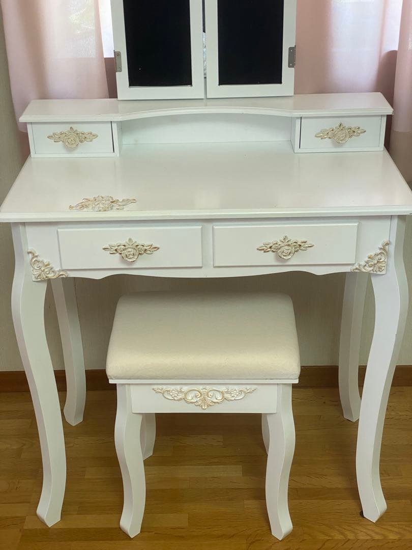 ロココ♦️ホワイトシャビー♦️猫脚ドレッサー＆スツール♦️フレンチ ローズ♦️送料込