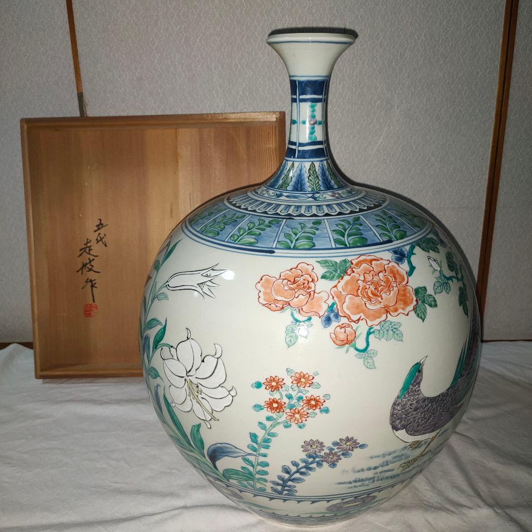 【五代目　佐藤走波】栄錦　花鳥文　細口つぼ　共箱