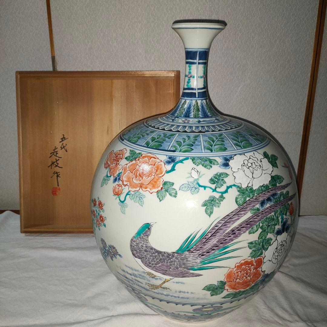 【五代目　佐藤走波】栄錦　花鳥文　細口つぼ　共箱