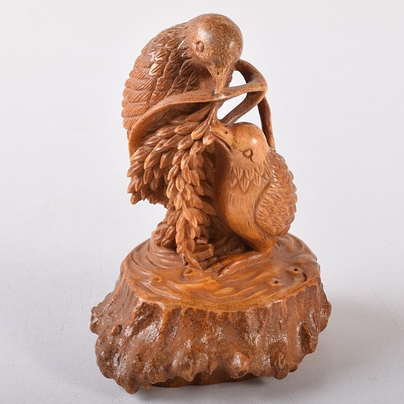 中国　鹿角細密雕　夫婦鶉　置物　箱付　7994E