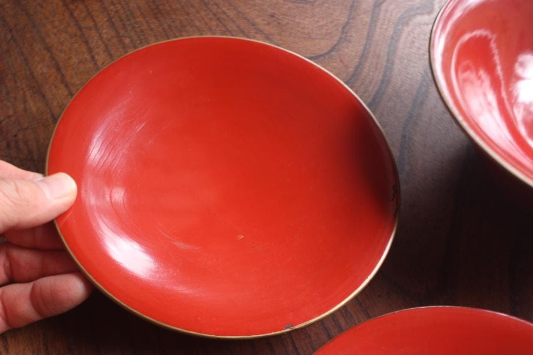 傷あり！時代金縁朱漆に優美な松鶴亀沈金の映える大椀2点（検輪島塗沈金椀雑煮椀