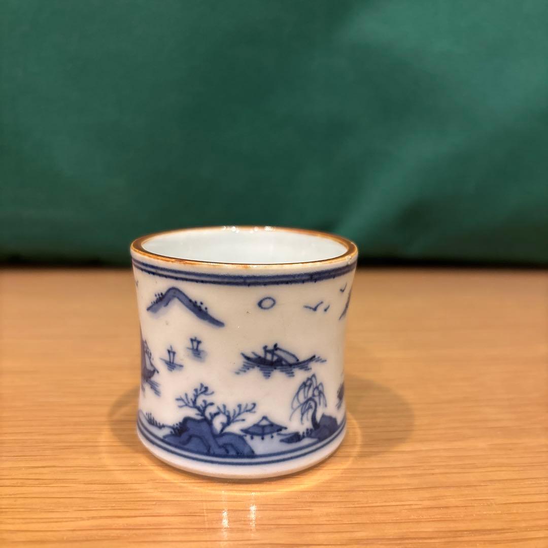 茶道具　蓋置　青い風景画の陶器製