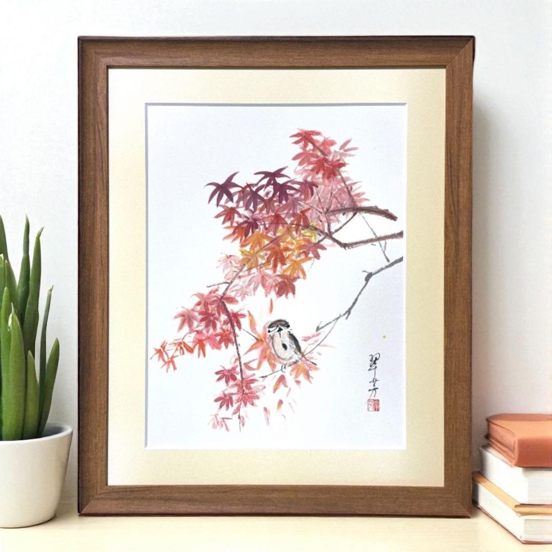 【古口翠芳/Suihou Koguchi】墨彩画　紅葉と雀　木製額縁付き