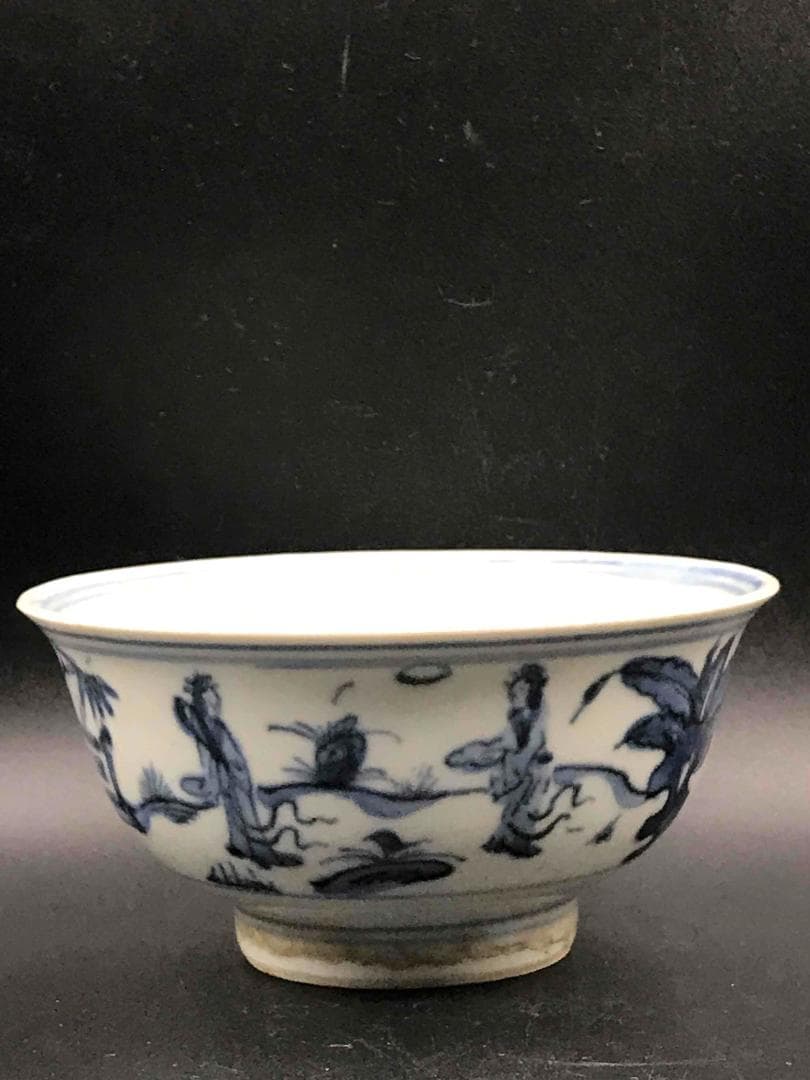中国古美術　明天啓時代　【天啓年製】在銘　青花人物紋茶碗　古染付(D-34)
