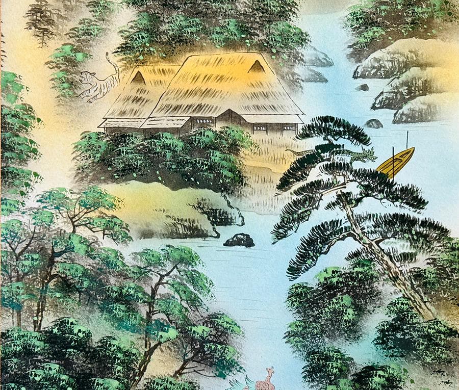 土田松月筆 四神守護山水 掛け軸 掛軸 肉筆 共箱 タトウ箱 縁起物日本画 神教