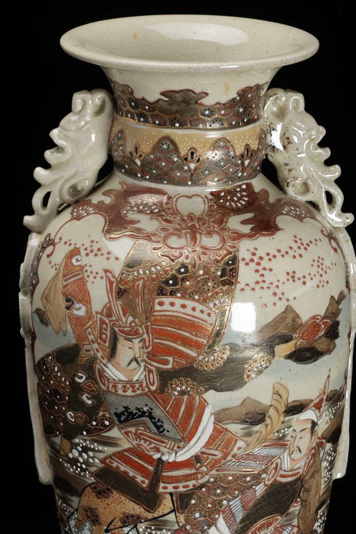 薩摩焼 金襴手色絵耳付武者図花瓶 共箱付 36.5㎝ 花器 飾壺 古美術 骨董品