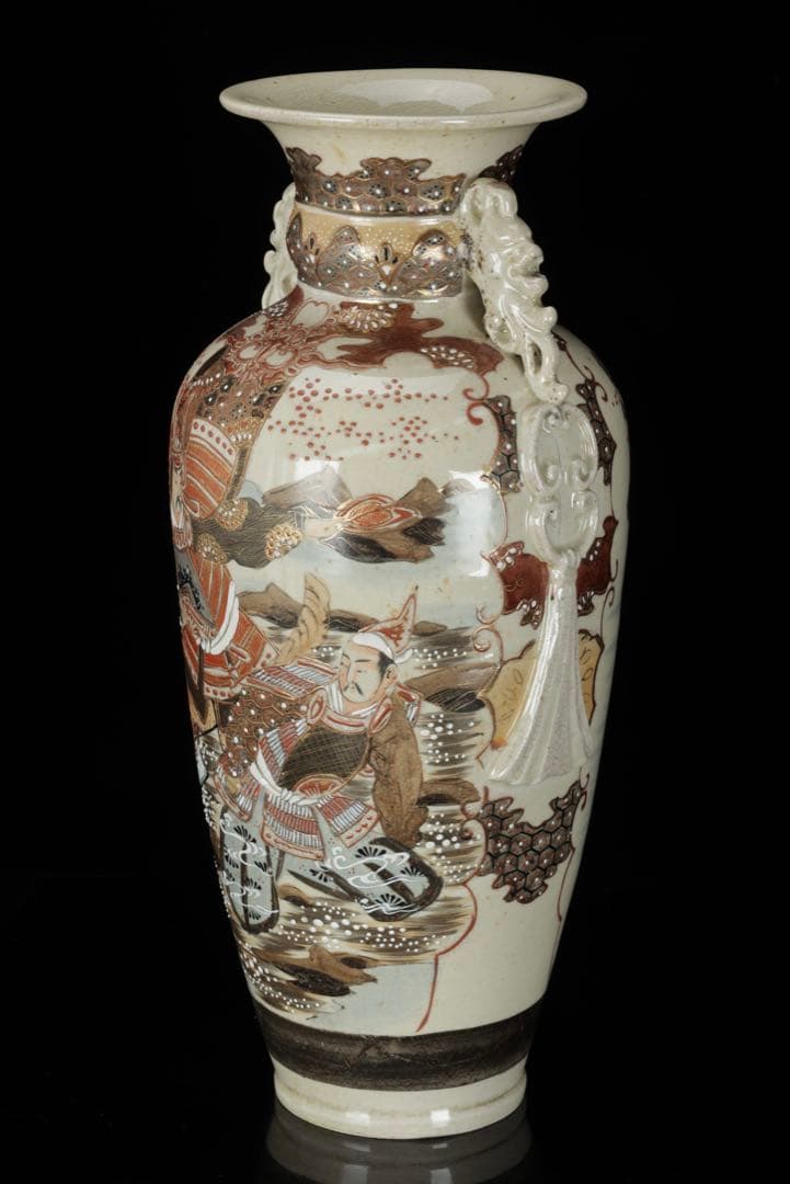 薩摩焼 金襴手色絵耳付武者図花瓶 共箱付 36.5㎝ 花器 飾壺 古美術 骨董品