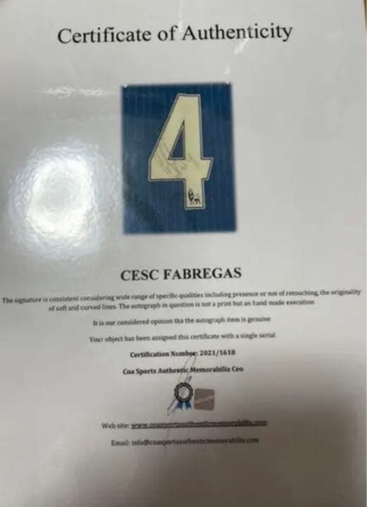 セスク・ファブレガス　直筆サイン　ユニフォーム