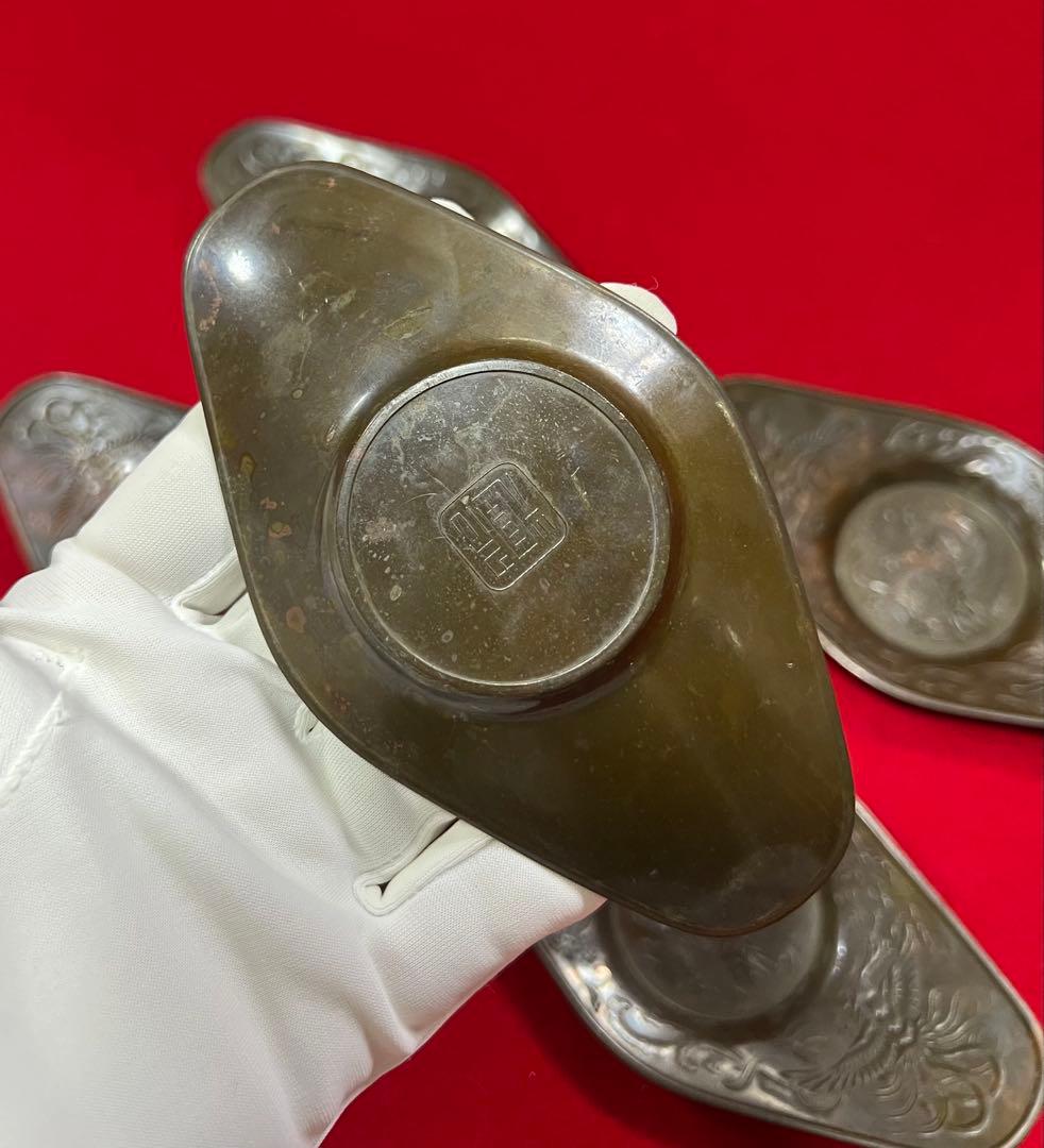 古美術 茶道具 錫製扁舟式 龍鳳紋樣 托子五枚 壱輝作　コレクション