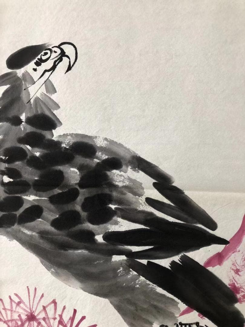 中国古美術・純手描き・四条屏・鹰画芯・国画・李苦禅印款・肉筆・宣紙・文房置物