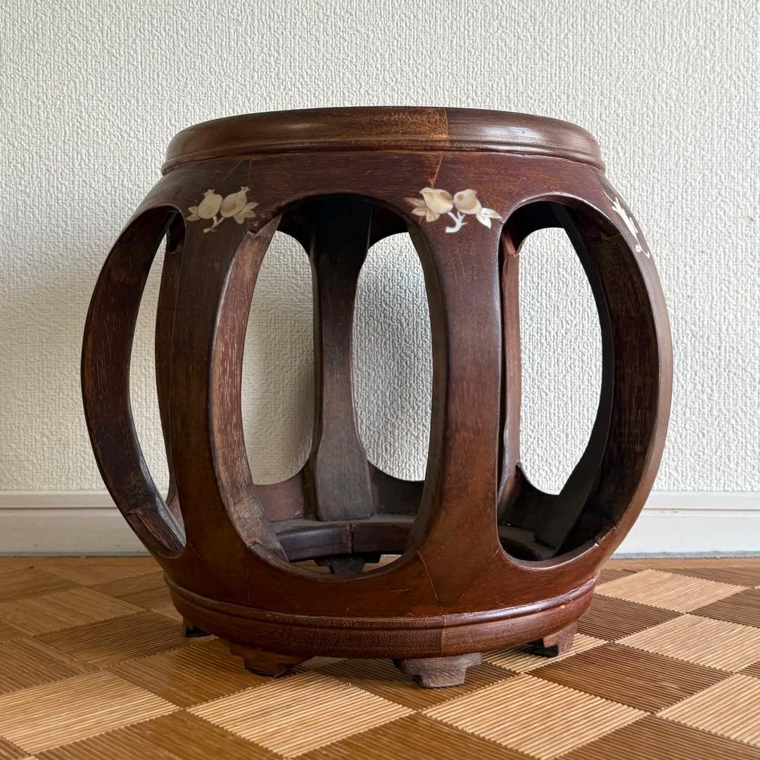 SNT1339 花梨 無垢 螺鈿細工 花鳥文 スツール　椅子 飾り台　中国美術