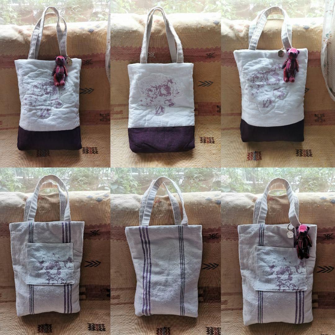 ハンドメイド✃アンティークホームスパンリネン＆キャベジズ花柄リバーシブルトート