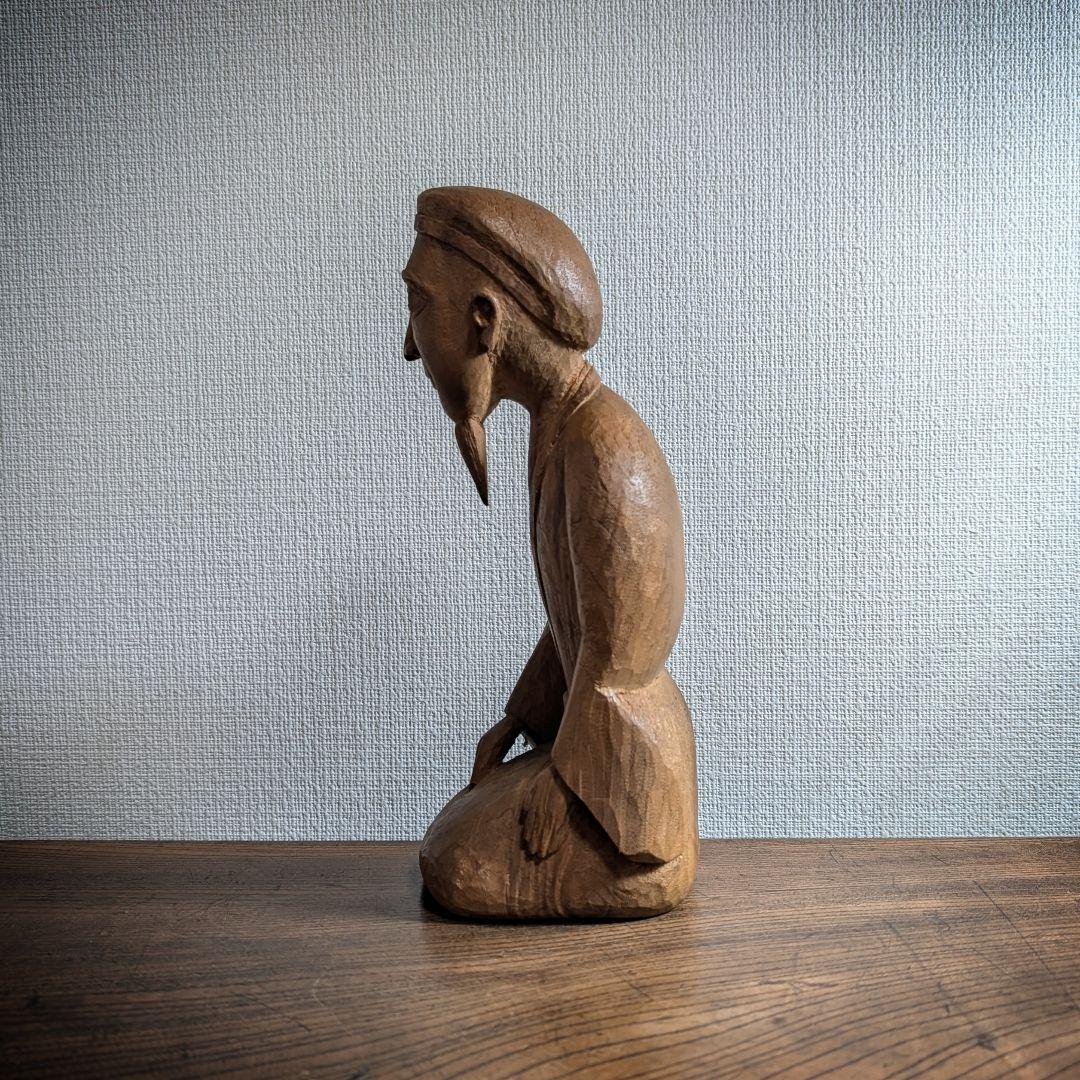 千利休 木彫 像 高さ24.5cm 茶道具 オブジェ 手彫り 木像 置物