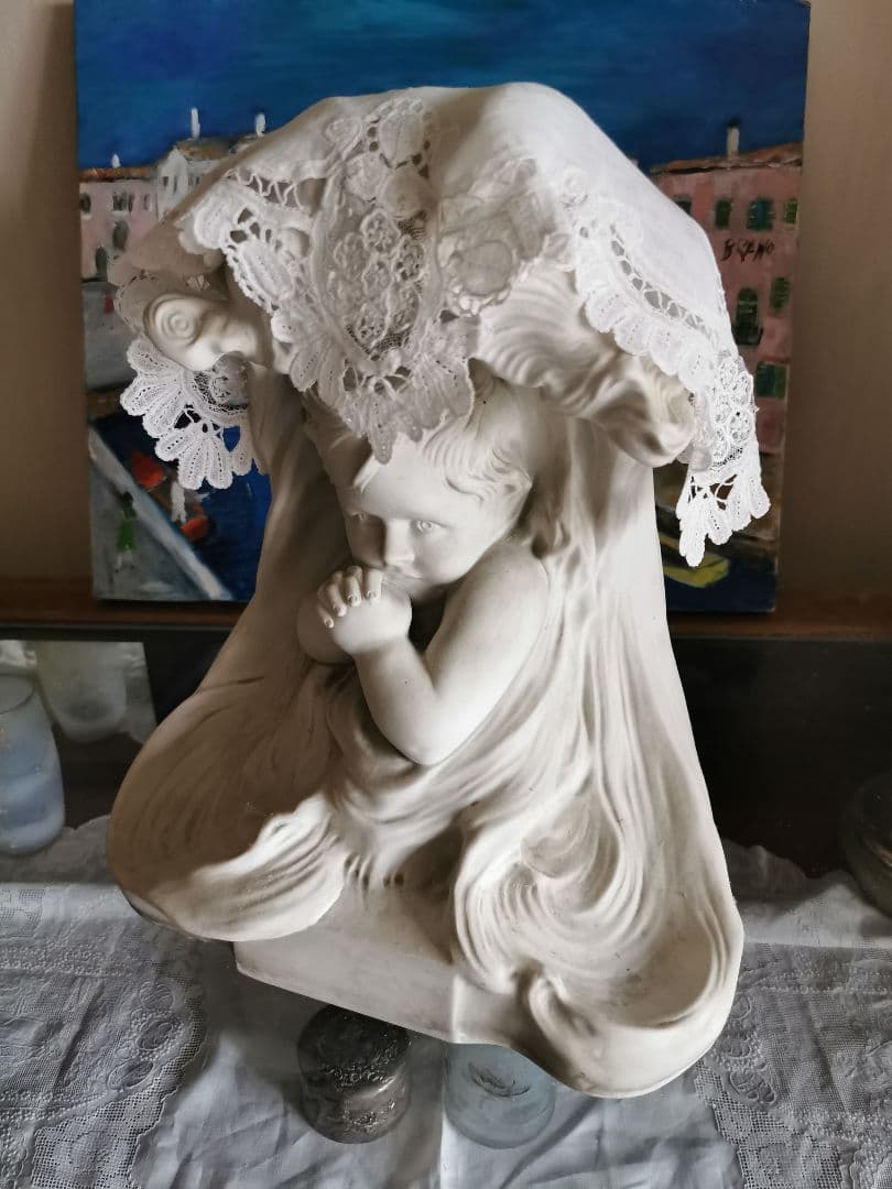 ブリュッセルレース＆アンティークフランス 大型素焼きビスク彫像塑像 少年の祈り