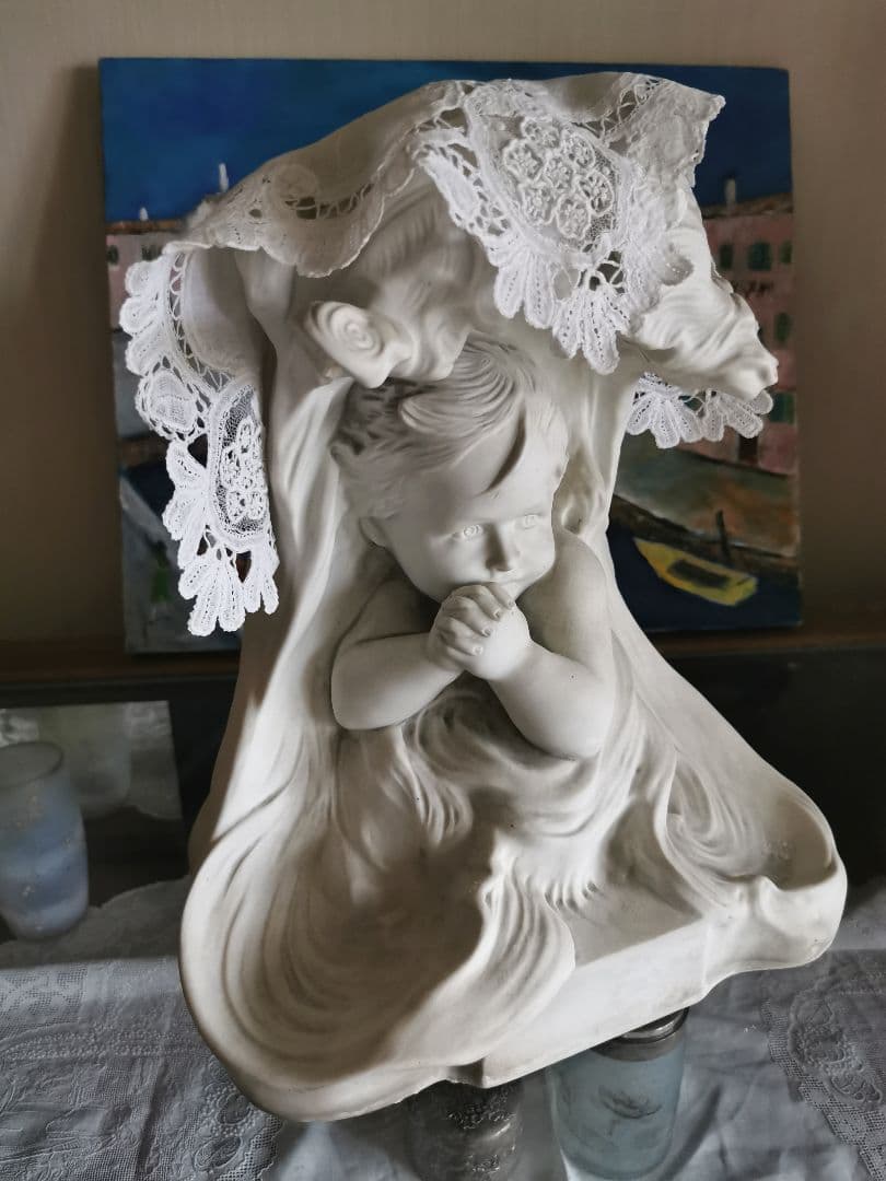 ブリュッセルレース＆アンティークフランス 大型素焼きビスク彫像塑像 少年の祈り