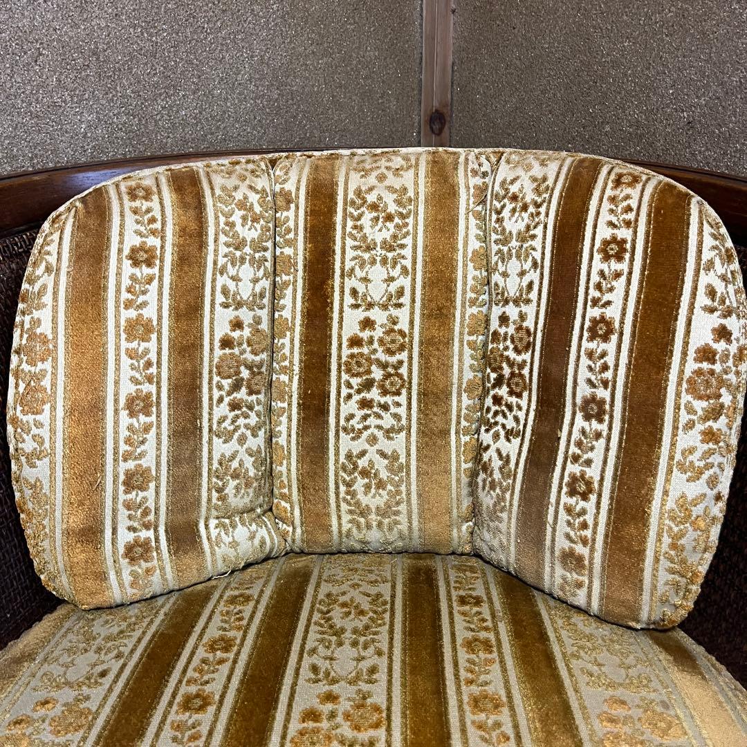 昭和レトロ 籐張り ラウンジチェア 1人掛け　ゴールド系　イエロー系 ラタン