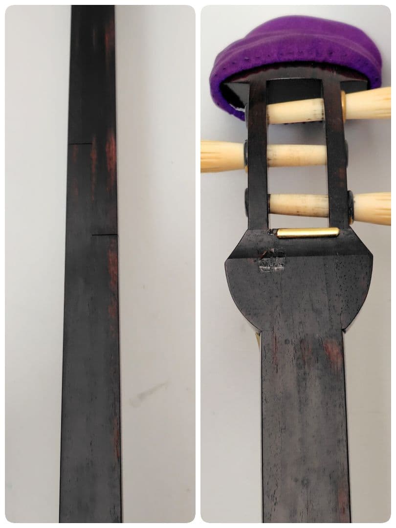 C059 【中古】三味線（子持ち綾杉／金細／二本溝）ケース・付属あり／修理前提