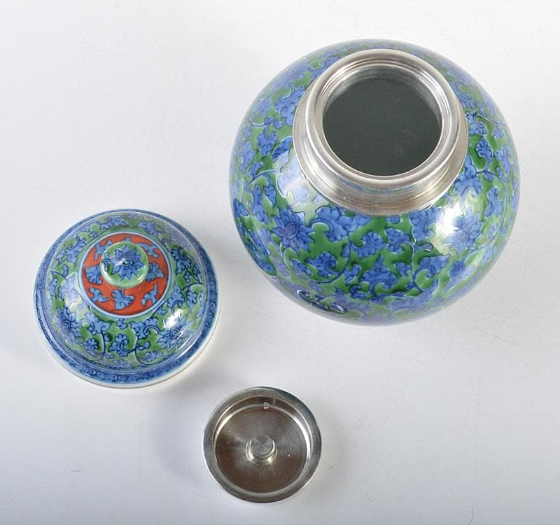 茶道具　有田焼　館林源右衛門　緑彩　唐草文　錫口　茶壺　共箱　F　R4621