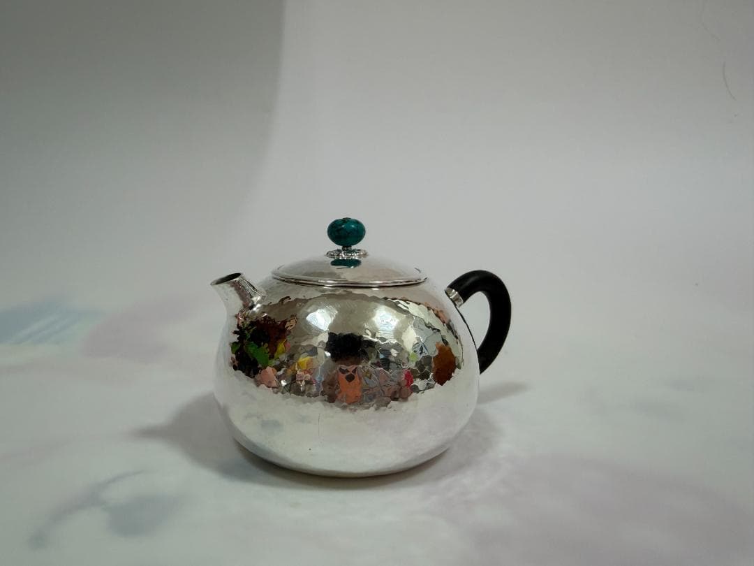 純銀製 丸形 鎚目 玉石摘 唐木手 急須 銀瓶 煎茶道具