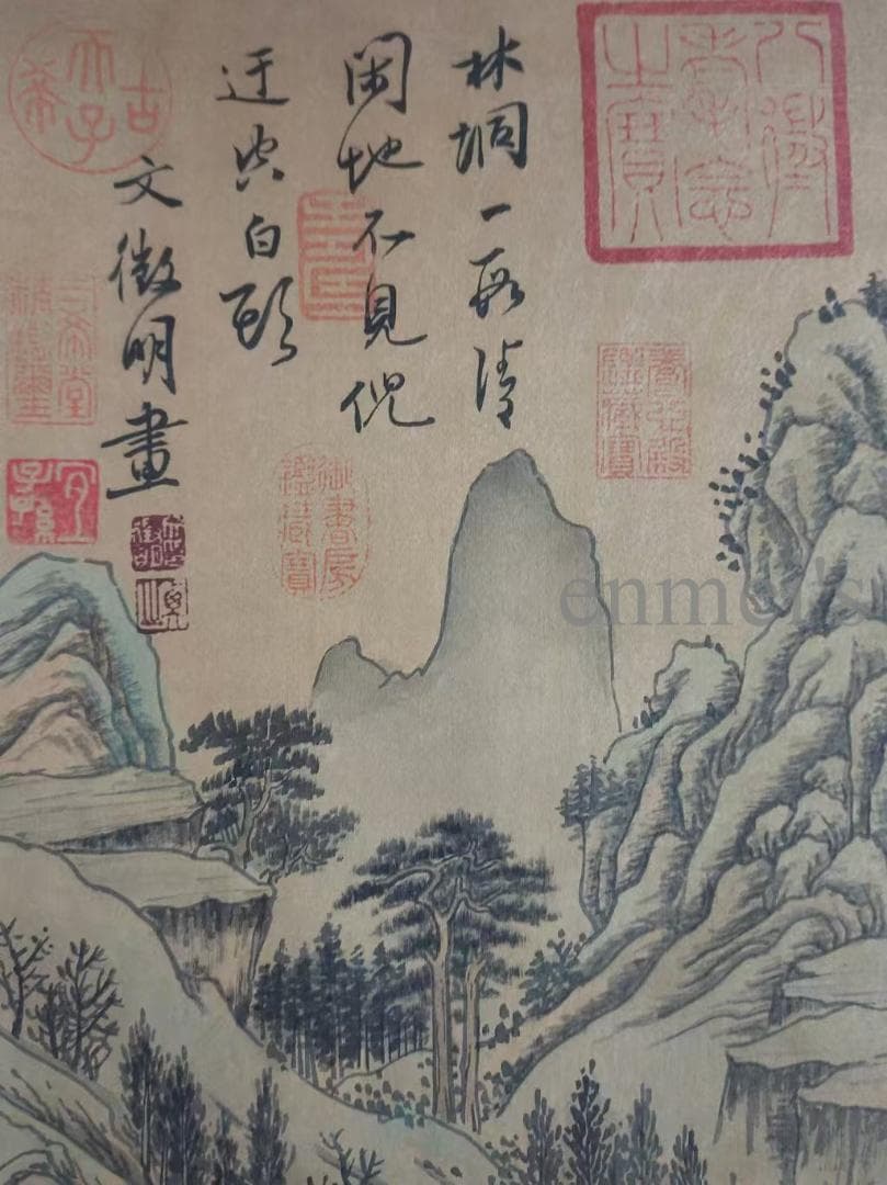 中国古美術・純手描き山水図掛軸・水墨画・文徴明印款・書道品・絹本・肉筆・一物一图