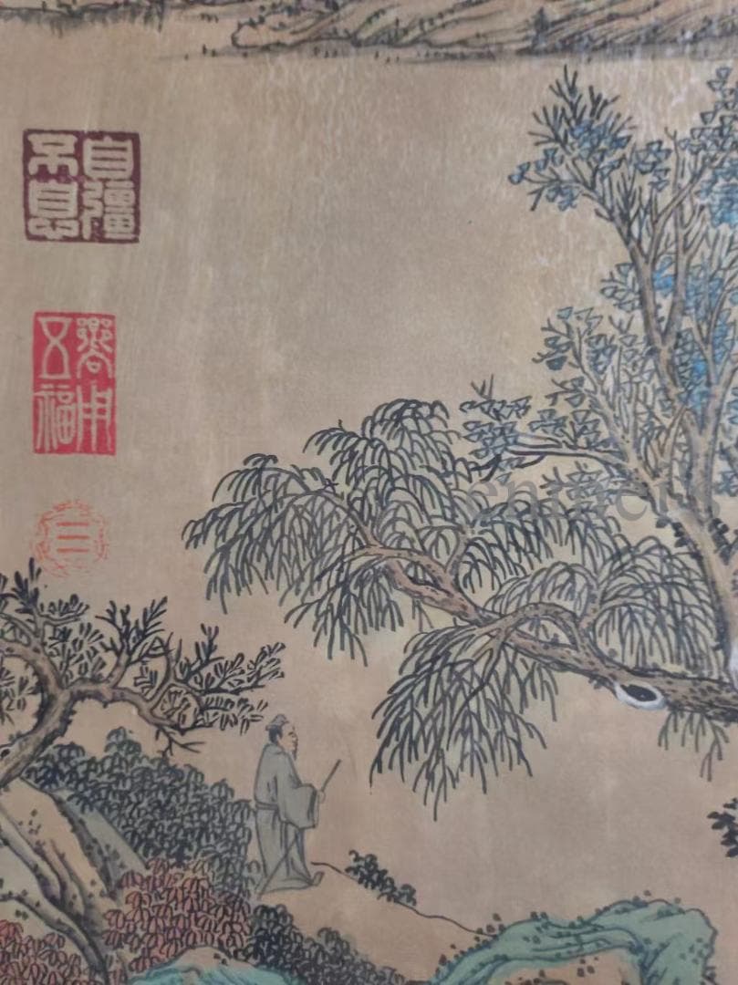 中国古美術・純手描き山水図掛軸・水墨画・文徴明印款・書道品・絹本・肉筆・一物一图