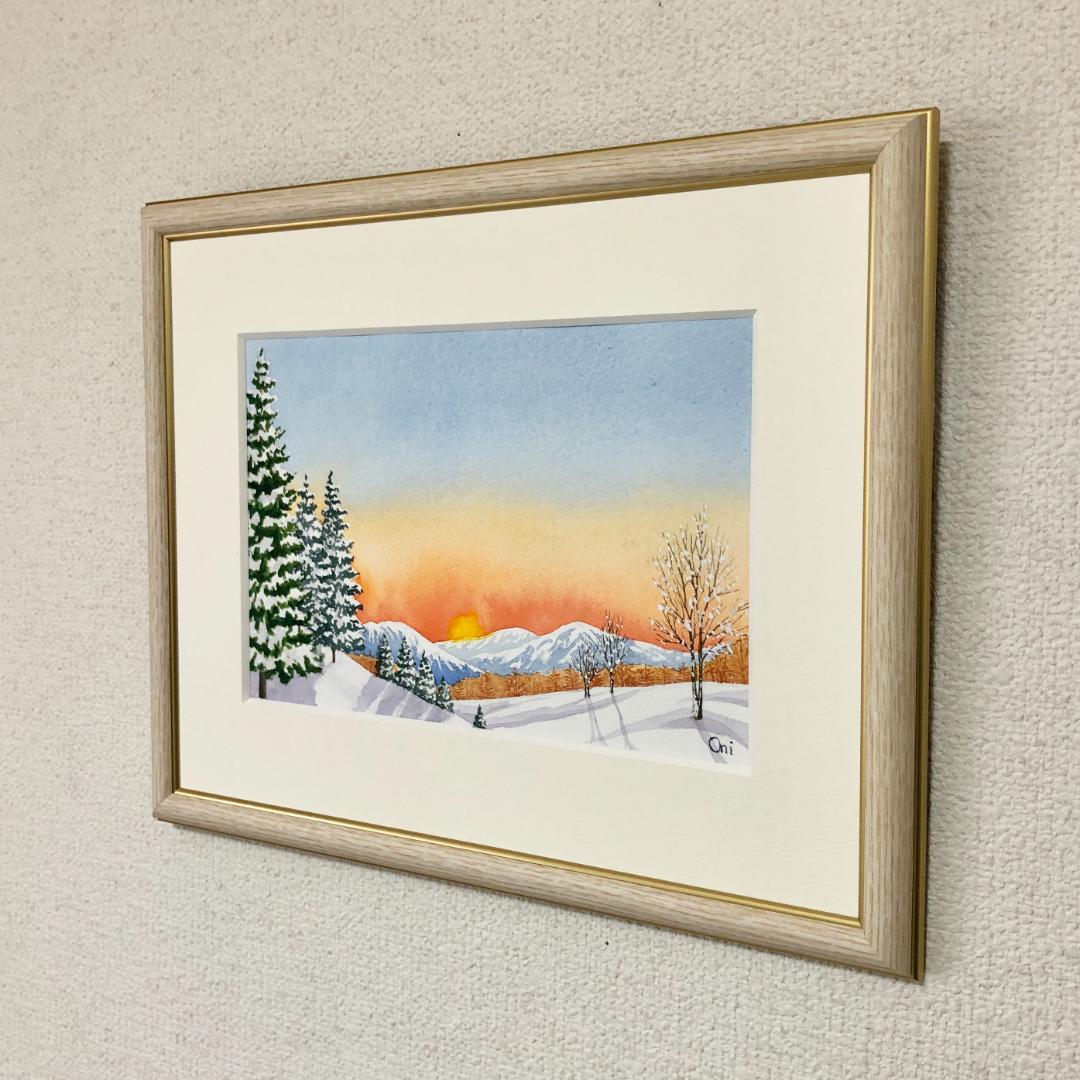 透明水彩画　原画　「冬の朝」額縁付　SMサイズ　風景画