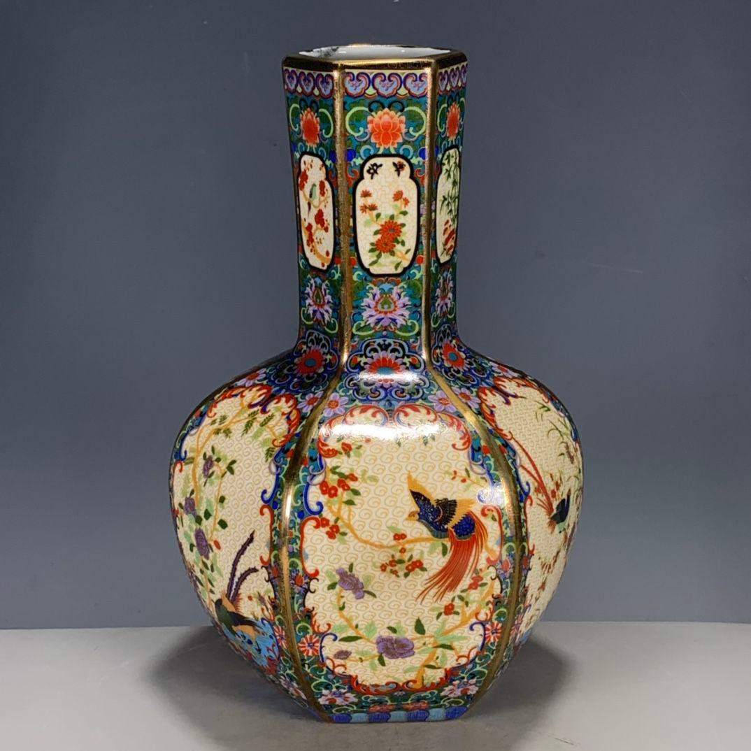 パステル蒔絵花鳥多稜天球瓶 景徳鎮 陶磁器 装飾品 工芸品 美術品 置物