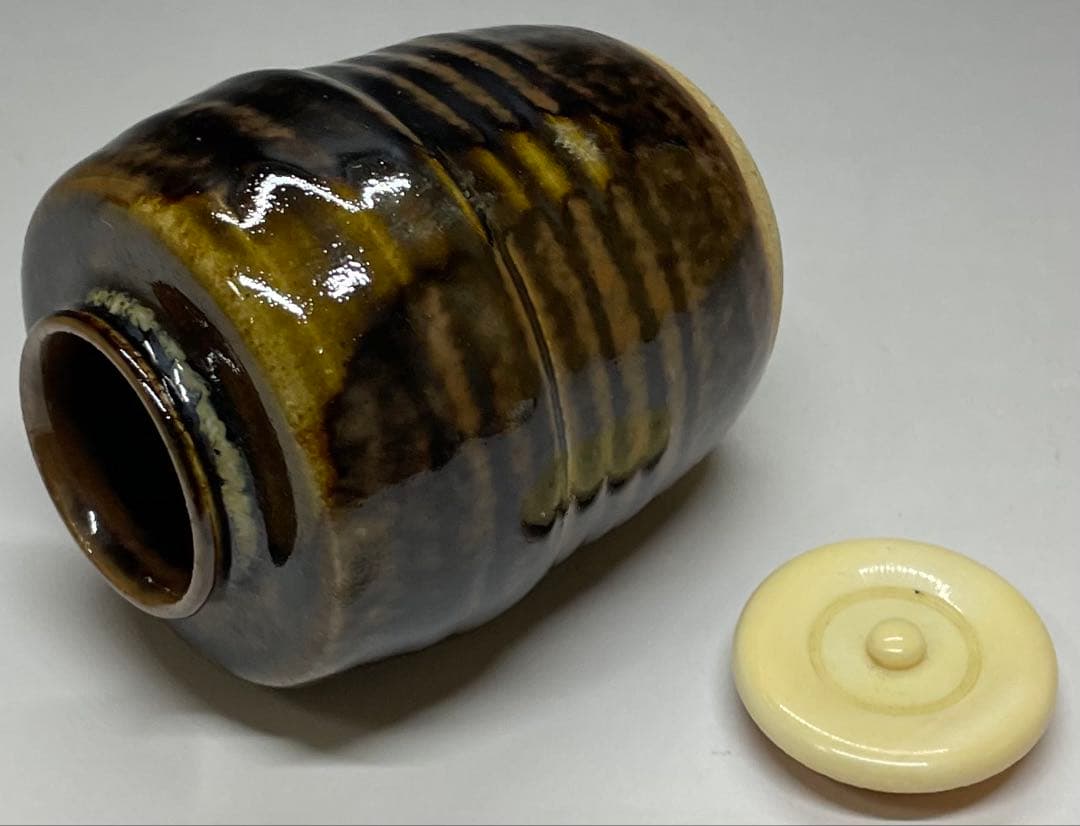 膳所焼　淡海ぜぜ　陽炎園　肩衝茶入 茶道具　仕覆　共箱(四方桟盛蓋) 　V11