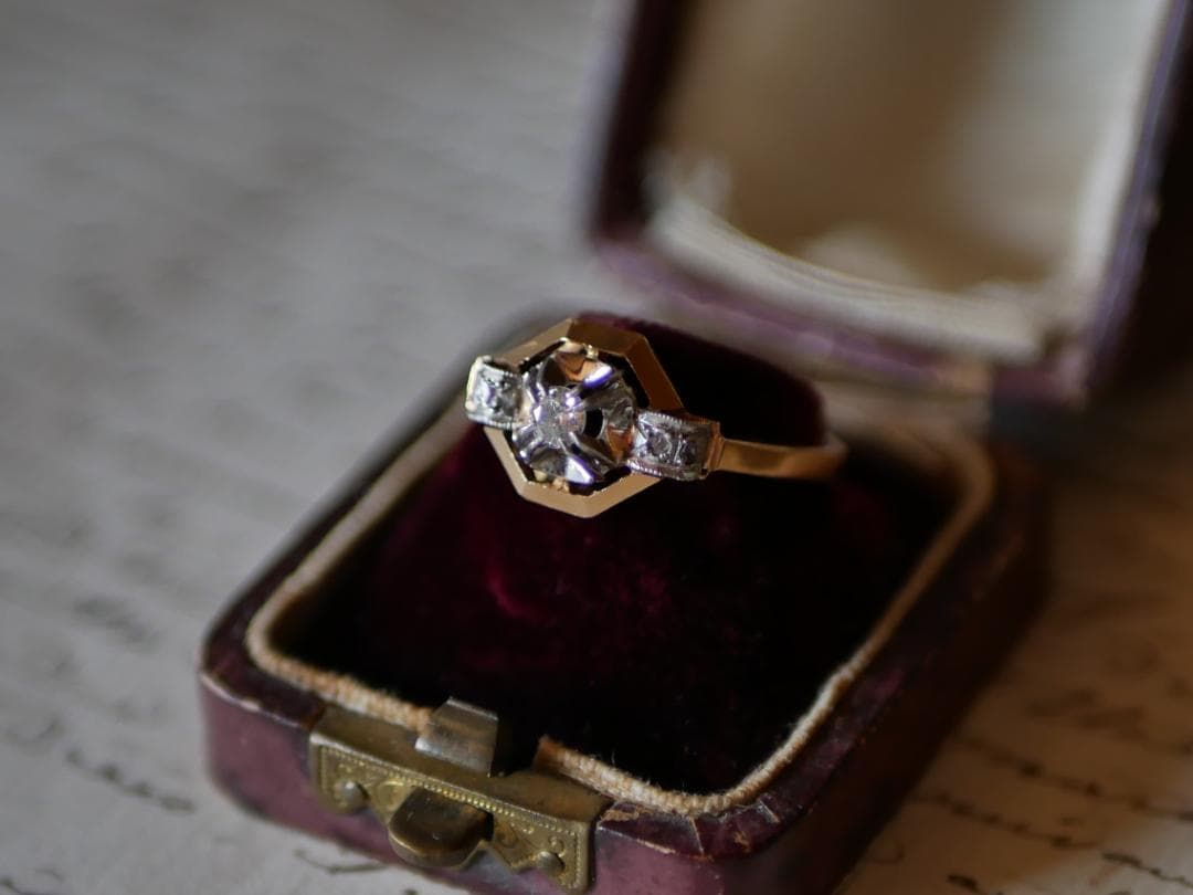 天然ダイアモンド　アールデコ　K18 アンティークリング　フランスアンティーク