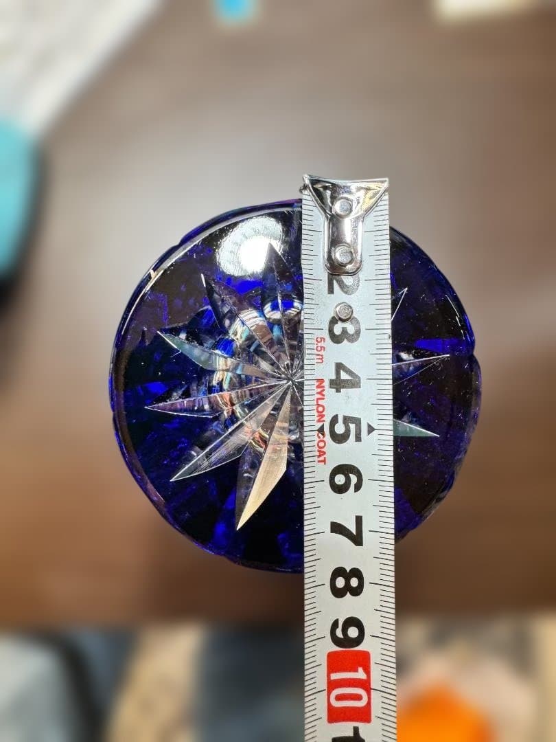 江戸切子　花瓶　青色カットガラス花器 木箱付き　新品未使用品