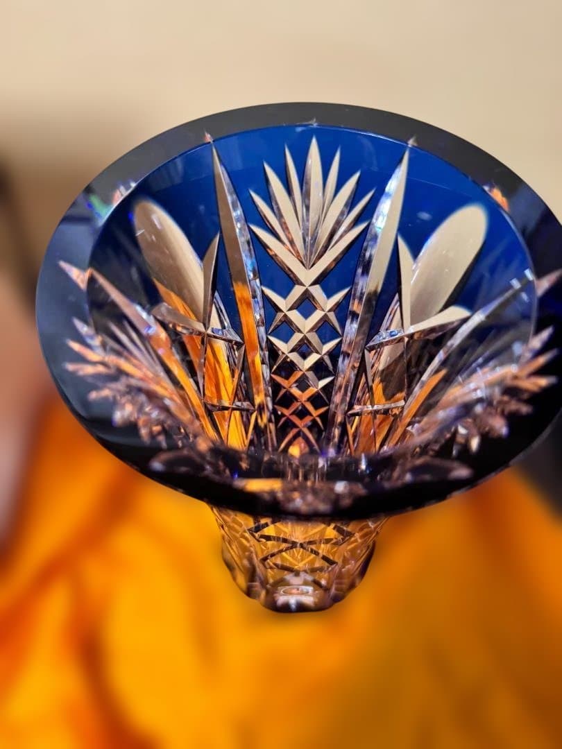 江戸切子　花瓶　青色カットガラス花器 木箱付き　新品未使用品