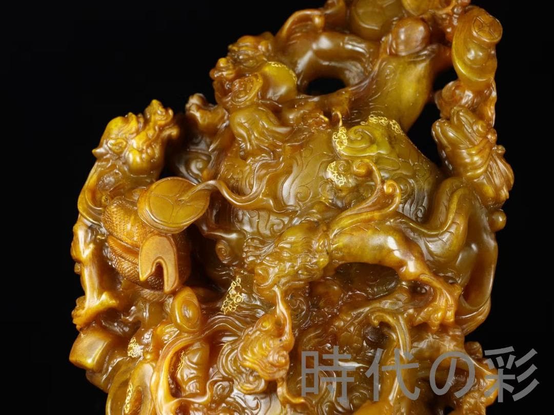 中国古美術【寿山田黄石 招財進宝】滄朋作款 旧蔵重器 11.61kg 鏤空 在銘