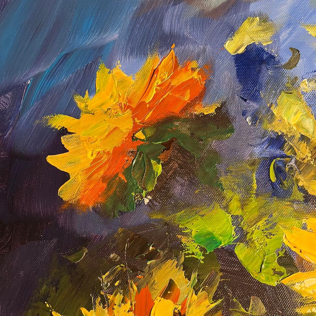 ★秀作★ 手書き油絵 花瓶のひまわり 額付き インテリア 油彩画