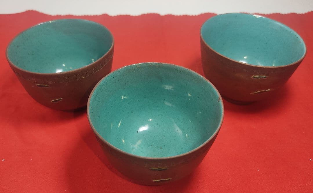 【中国茶器】【宜興窯 紫砂器】 朱泥 内緑釉 石泉竹炉 中青磁 3個セット