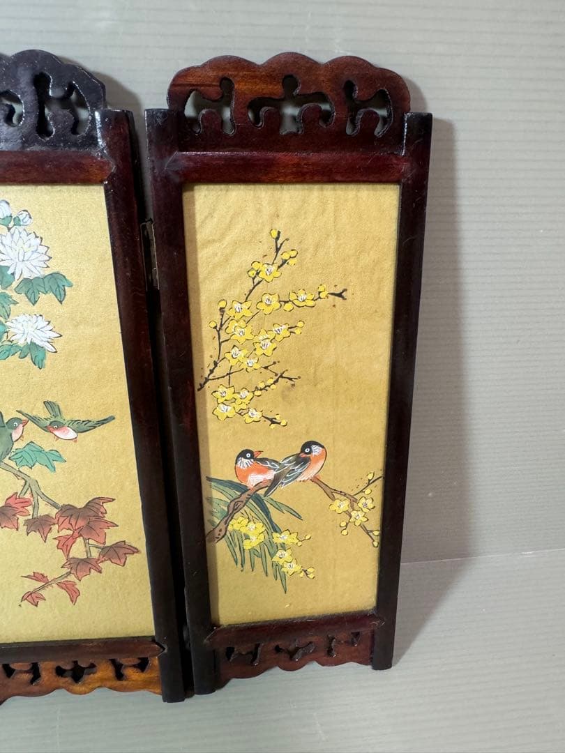 2874 中国美術工芸品　四美人花鳥図　卓上屏風　時代物