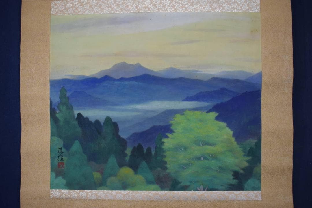 【真作】谷口英雄/湖畔図/山水風景図/横物/岩絵具/掛軸☆宝船☆Y-704　JM