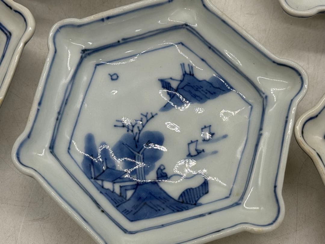 古染　染付山水人物紋角皿5点　古渡　送料込み251108