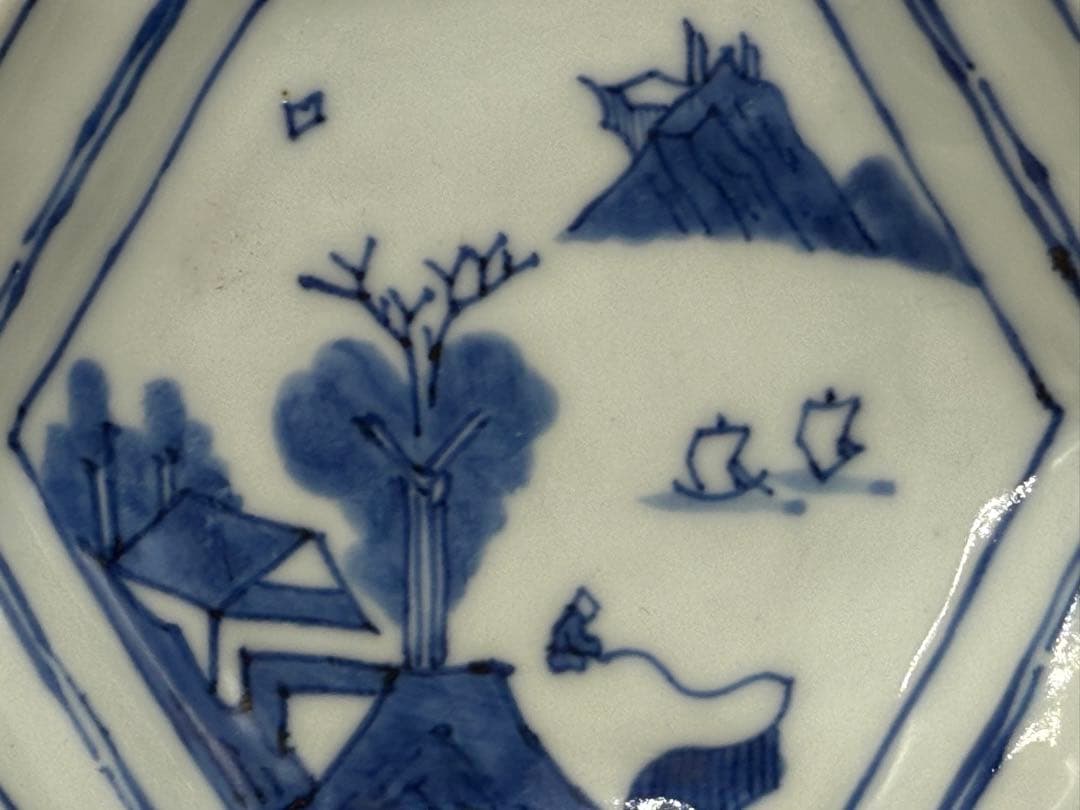 古染　染付山水人物紋角皿5点　古渡　送料込み251108