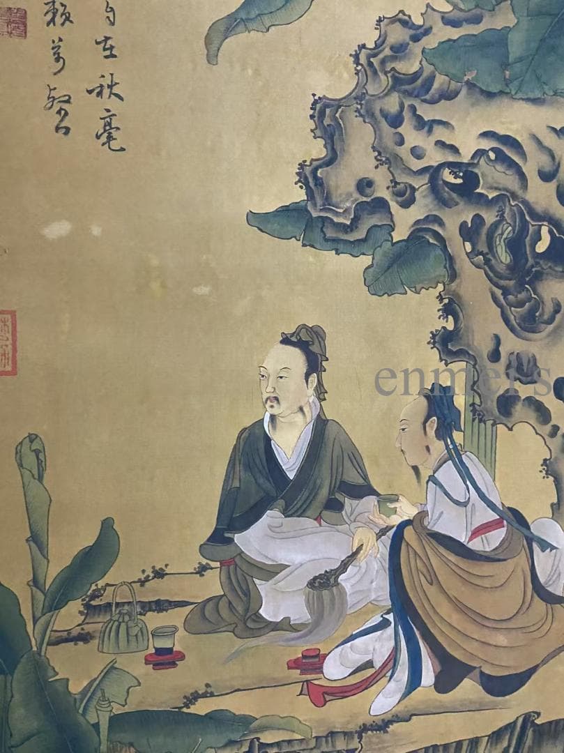 中国古美術 五代 周文矩款 人物図 掛軸 絹布 唐物 古画 書画 名家筆 水彩画