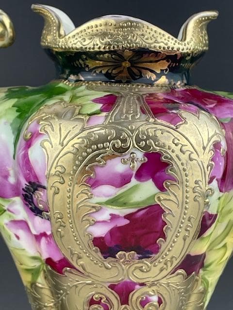 【大型】オールドニッポン 約30㎝ 芥子紋花瓶 アールヌーボー 金盛り ポピー