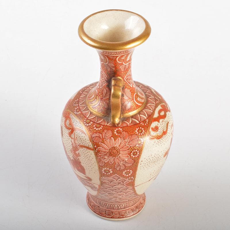 九谷焼　古九谷　吉光隆広（芳隆）造　赤絵金彩　人物文　双耳瓶　D　R7294