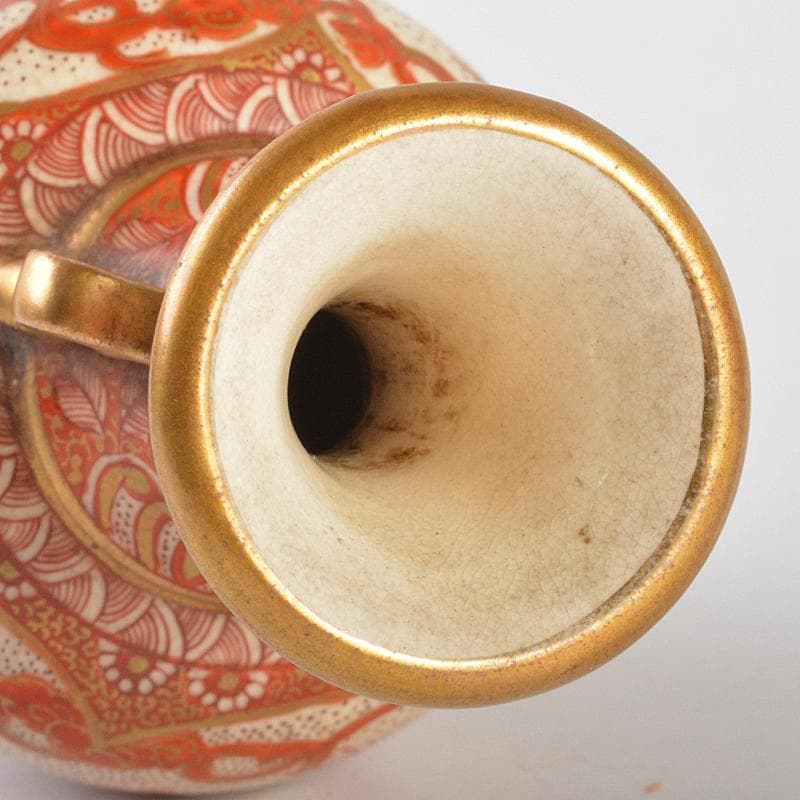 九谷焼　古九谷　吉光隆広（芳隆）造　赤絵金彩　人物文　双耳瓶　D　R7294