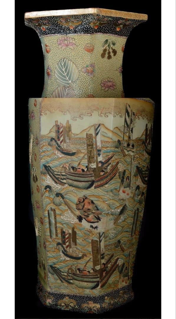 【大壷 92.5cm】薩摩 色絵金彩花唐草山水舟絵付 特大 花瓶 大壷 飾り壷