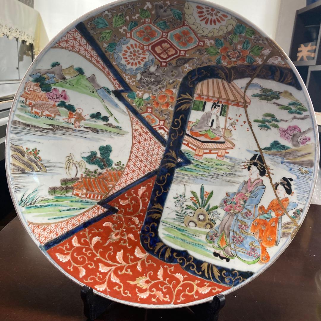 古伊万里　赤絵　幕末　大皿　飾皿　金継ぎあり　37センチ