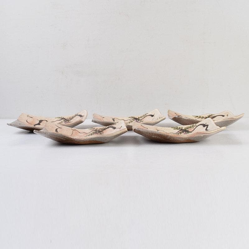 北大路魯山人作　鼠志野　四方皿　五客　共布　黒田陶々庵極め箱　M　R9064B