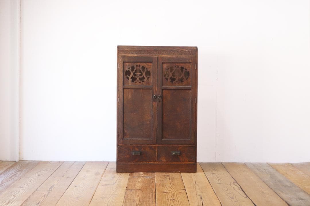 レトロ 小振り ガラスキャビネット 本箱 収納 ラック 引き出し 抽斗 2杯