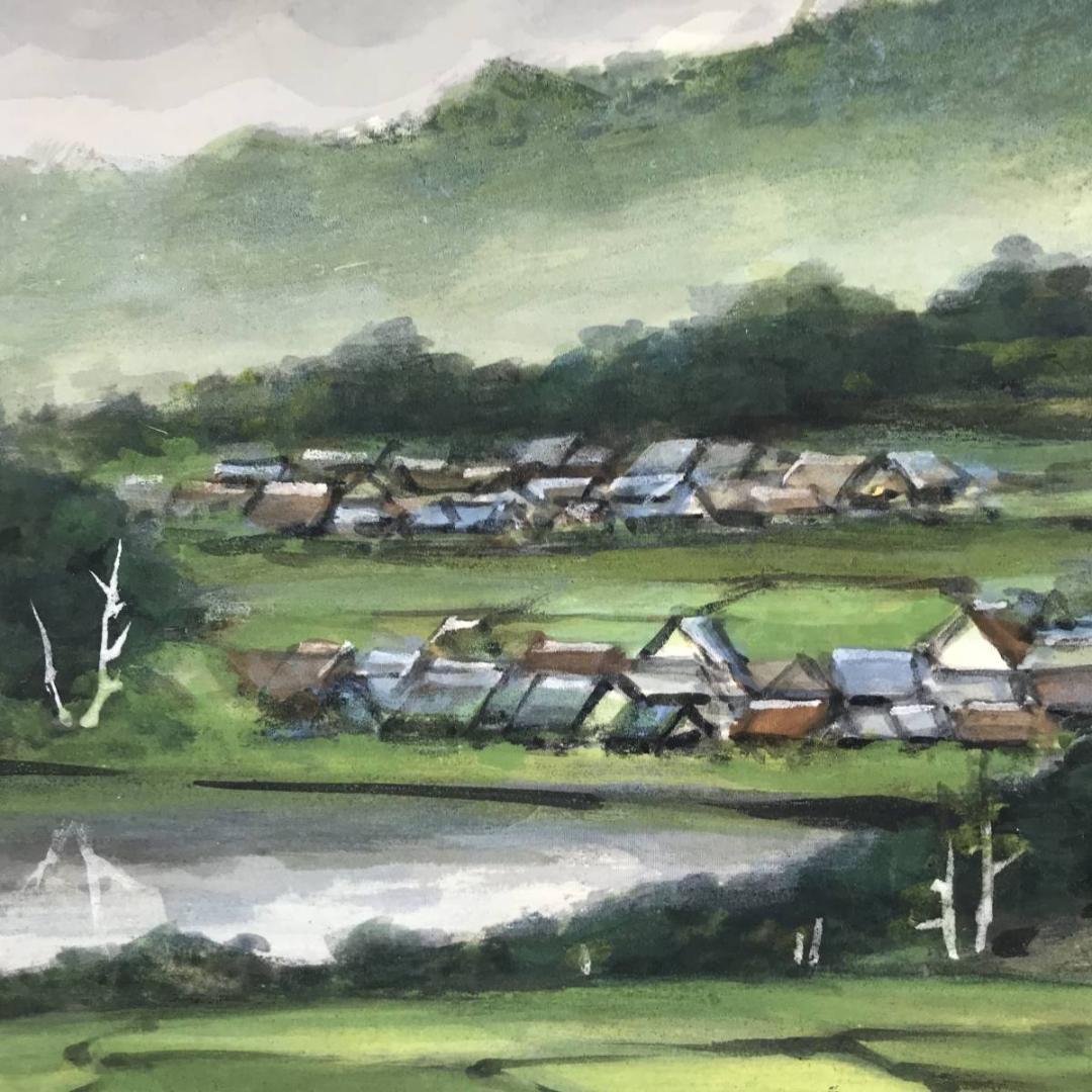 【真作】中島光輪/青緑山水図/風景図/横物/飛鳥の里/掛軸☆宝船☆AB-583