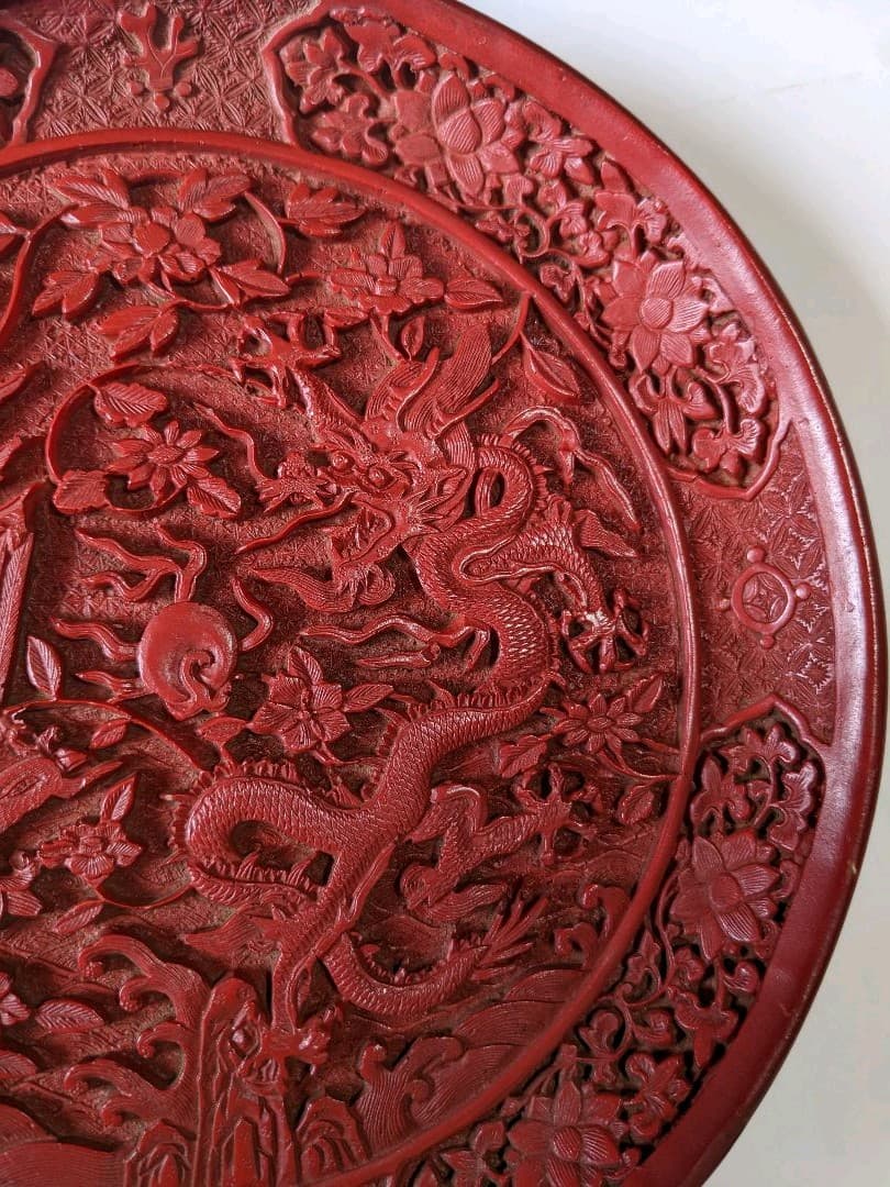 ♦古玩 大明嘉靖年 堆朱 彫漆 盆 盤 中国伝統美術工芸品 漆器 漆芸 骨董品