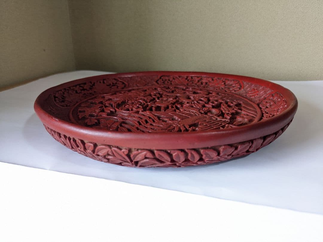 ♦古玩 大明嘉靖年 堆朱 彫漆 盆 盤 中国伝統美術工芸品 漆器 漆芸 骨董品